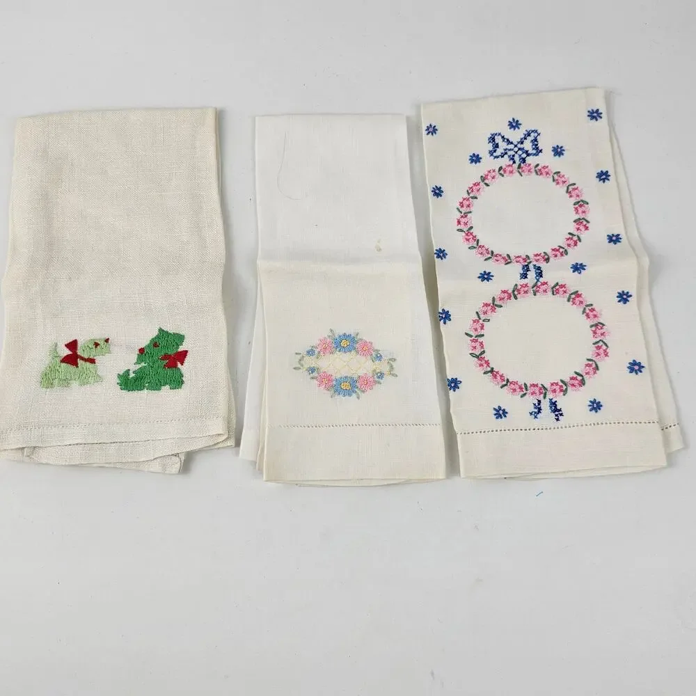 Lot 3 vintage embroidered linen hand towels scotty dog floral